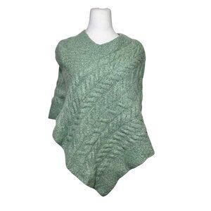 Aran Ireland Green Merino Wool Poncho Shrug Cable Knit Cozy Lagom Lagenlook OSFA